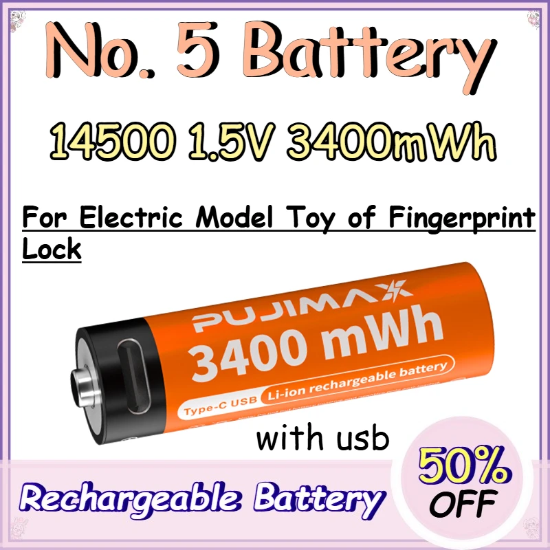 14500 1.5V 3400mWh No. 5 Battery for Electric Model Toy of Fingerprint Lock Replace Rechargeable Lithium Battery with USB