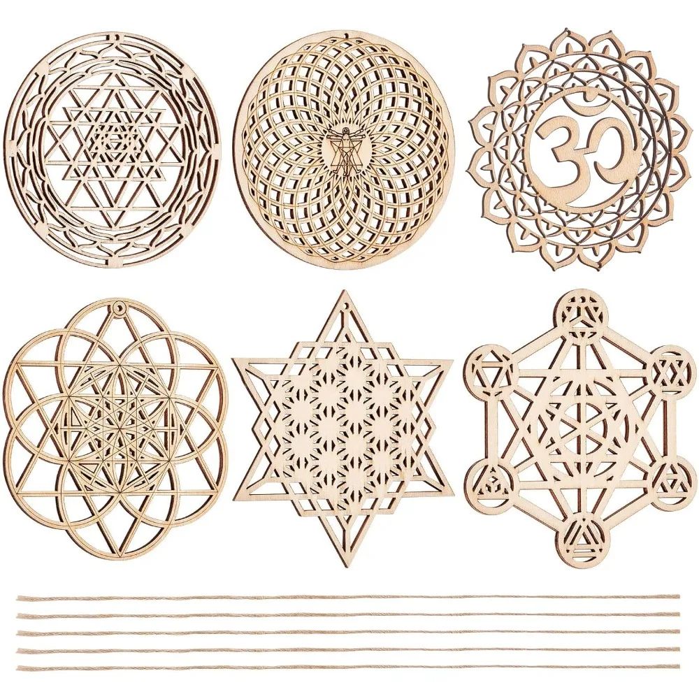 6 Sets 6 Styles 3.9-3.94Inch Sacred Geometry Wall Art Crystal Grid Board Yoga Wall Decor Wooden Wall Decoration with Lanyard