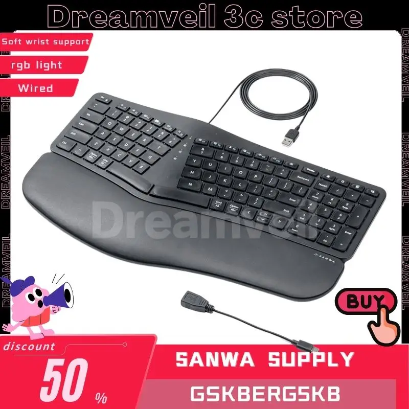 

Sanwa Supply GSKBERG5KB Wired Keyboard USB Mute With Soft Wrist Support Keyboards Ergonomics Pc Office keyboard Accessory Office