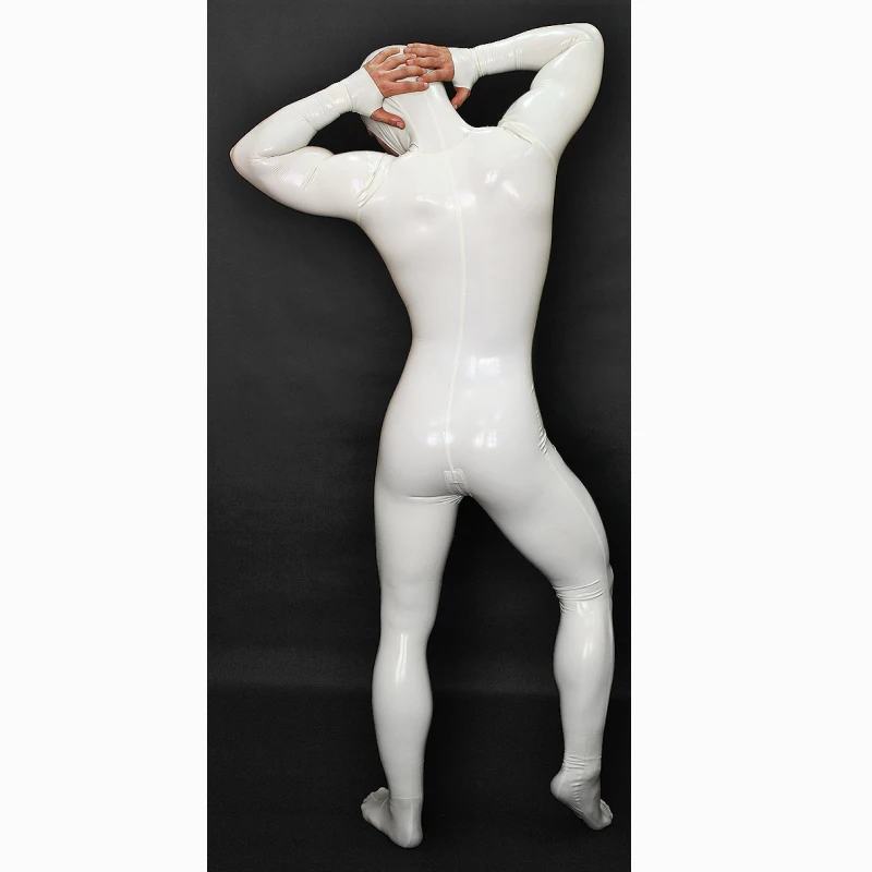 Men\'s White Full Body Latex Catsuit Eyes Entry Rubber Bodysuit Half Gloves Finger Ring Style with Crotch Zip