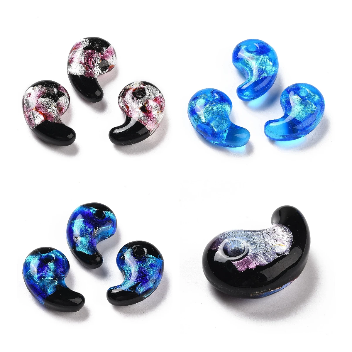 3pcs Comma Shape Lampwork Glass Beads Tai Chi Yin Yang Fish Beads Silver Color Foil for Jewelry Making Necklace Bracelet Finding