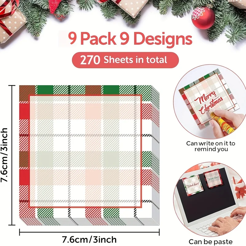 6 Pcs Christmas Checkered Self-Adhesive Sticky Note Pad For School Office Home Use Gifts For Students And Teachers Designs Vary