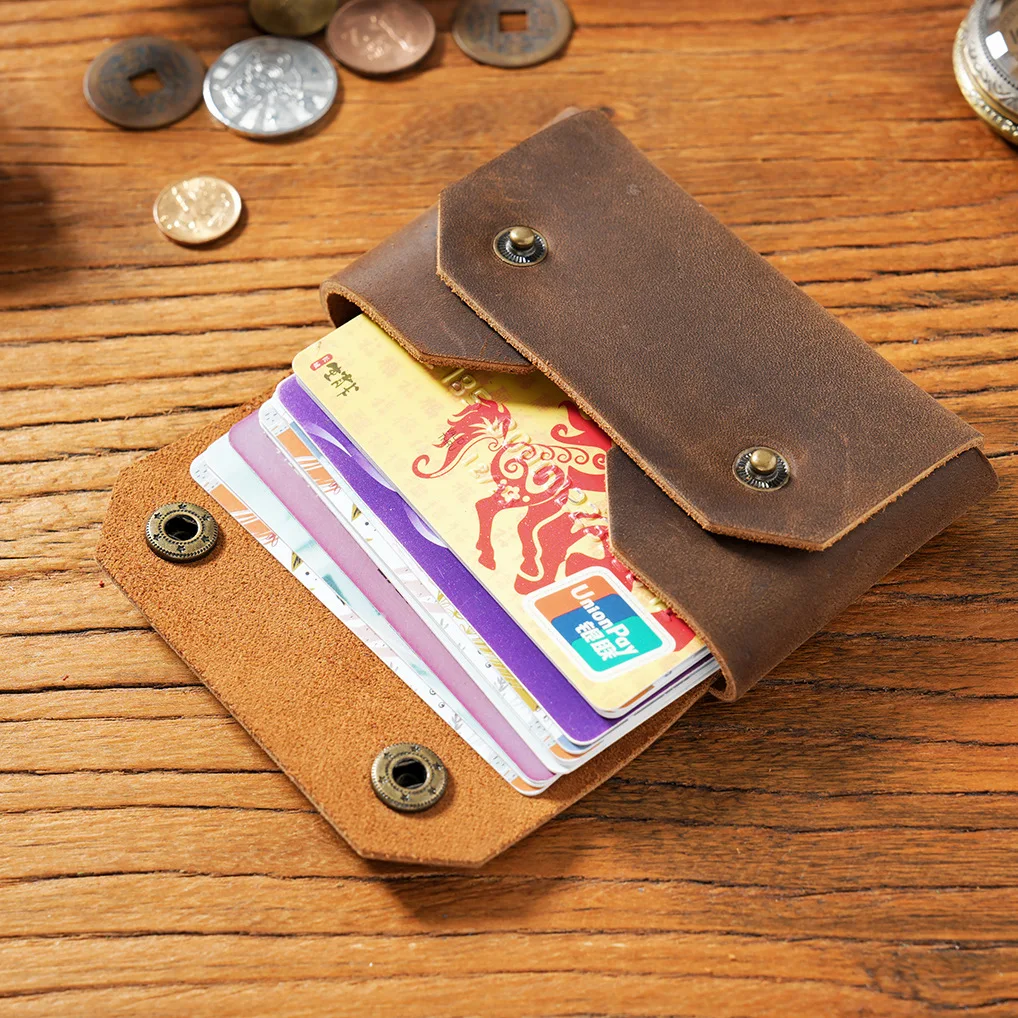 Genuine Crazy Horse Leather Credit ID Cards Cover Vintage Short Wallets Purse Cowhide Clutch Wallets Retro Coin Pocket Wallets