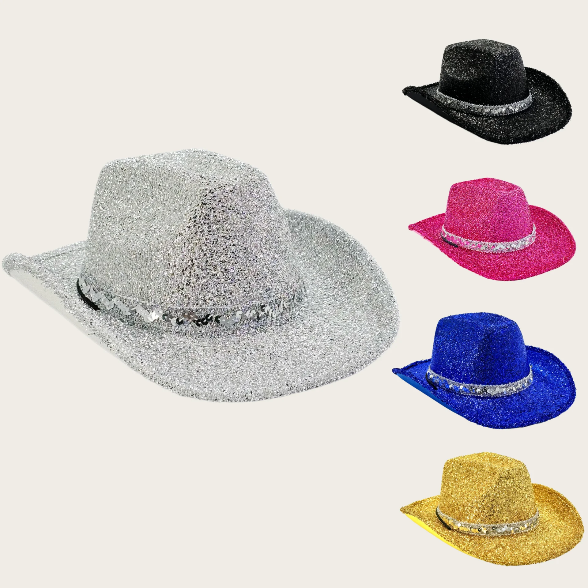 1pc Trendy Glitter Powder Western Hat for Women Men Unisex Shimmering Fedoras Hat with Rhinestone Ribbons Silver Jazz Hats