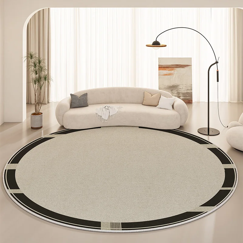 VIKAMA Nordic-Style Round Carpet With a White Base And Black Edges, Featuring Geometric Anti-Slip Design For Enhanced Stability.