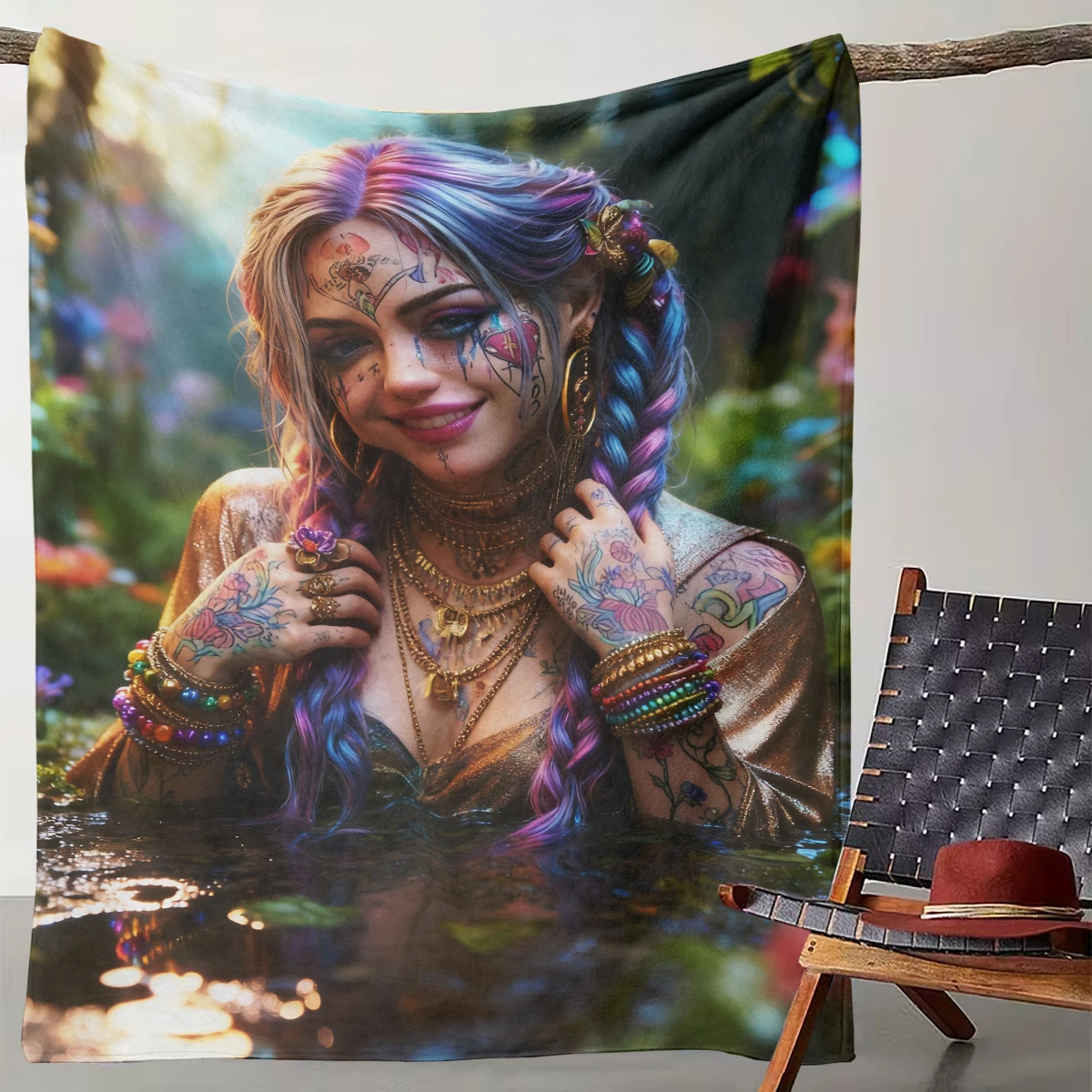 

1 piece of personalized colored hair tattoo fantasy girl blanket forest pool trendy flannel blanket