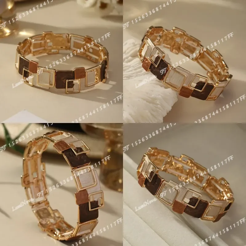 Elegant Women Golden Tone Geometric Square Bracelet Minimalist Vintage Enamel Zinc Alloy Jewelry For Daily Wear Party Gift
