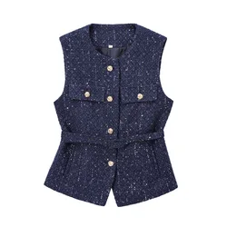 Women's Chic Chaleco Mujer Vest Single Breasted Belt O Neck Sleeveless Vests Temperament Elegant Socialite Fashion Jacket Style