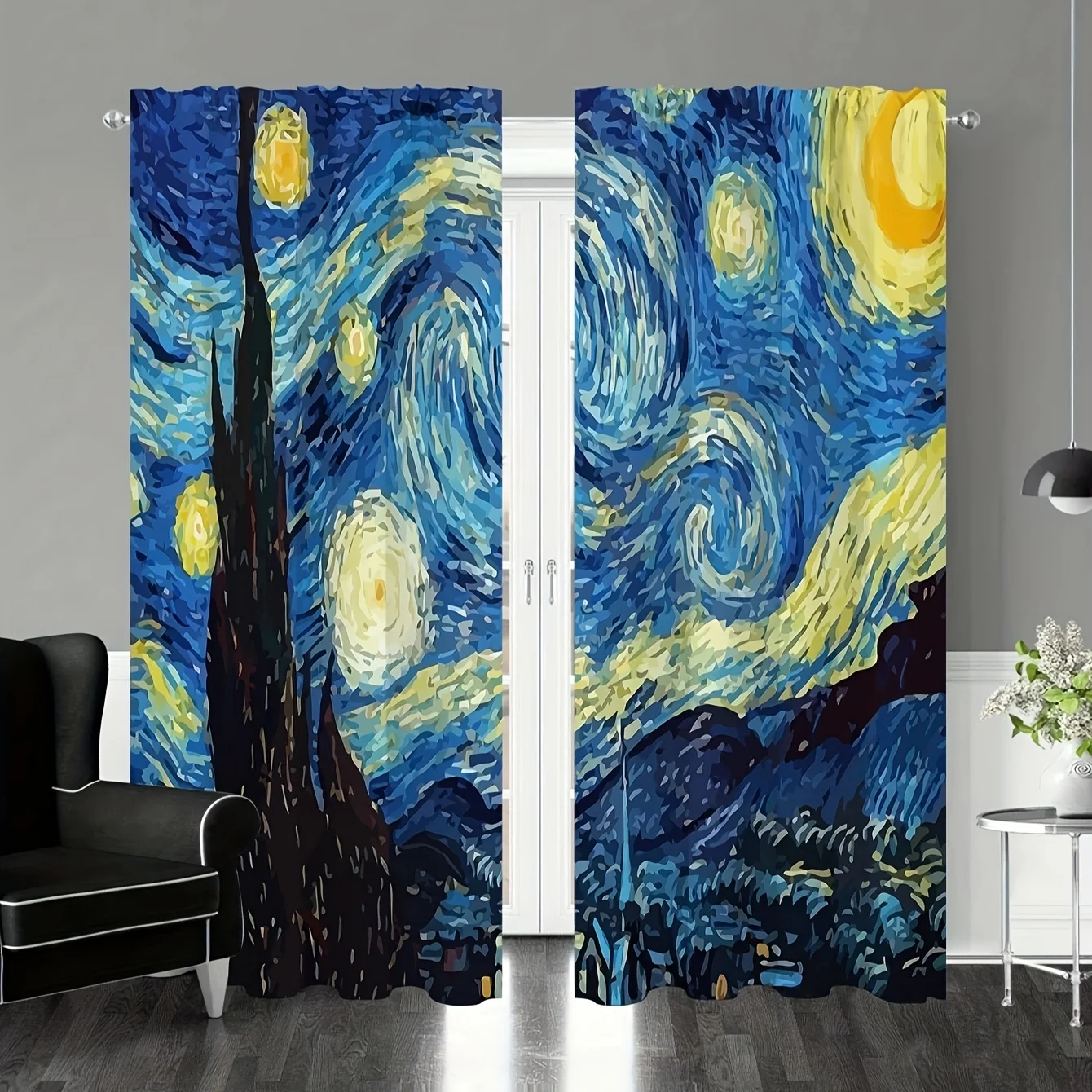 2pcs Van Gogh Starry Sky OilPainting Print Curtains Rod Pocket Curtain For Living Room Bedroom Office Kitchen Study Home Decor