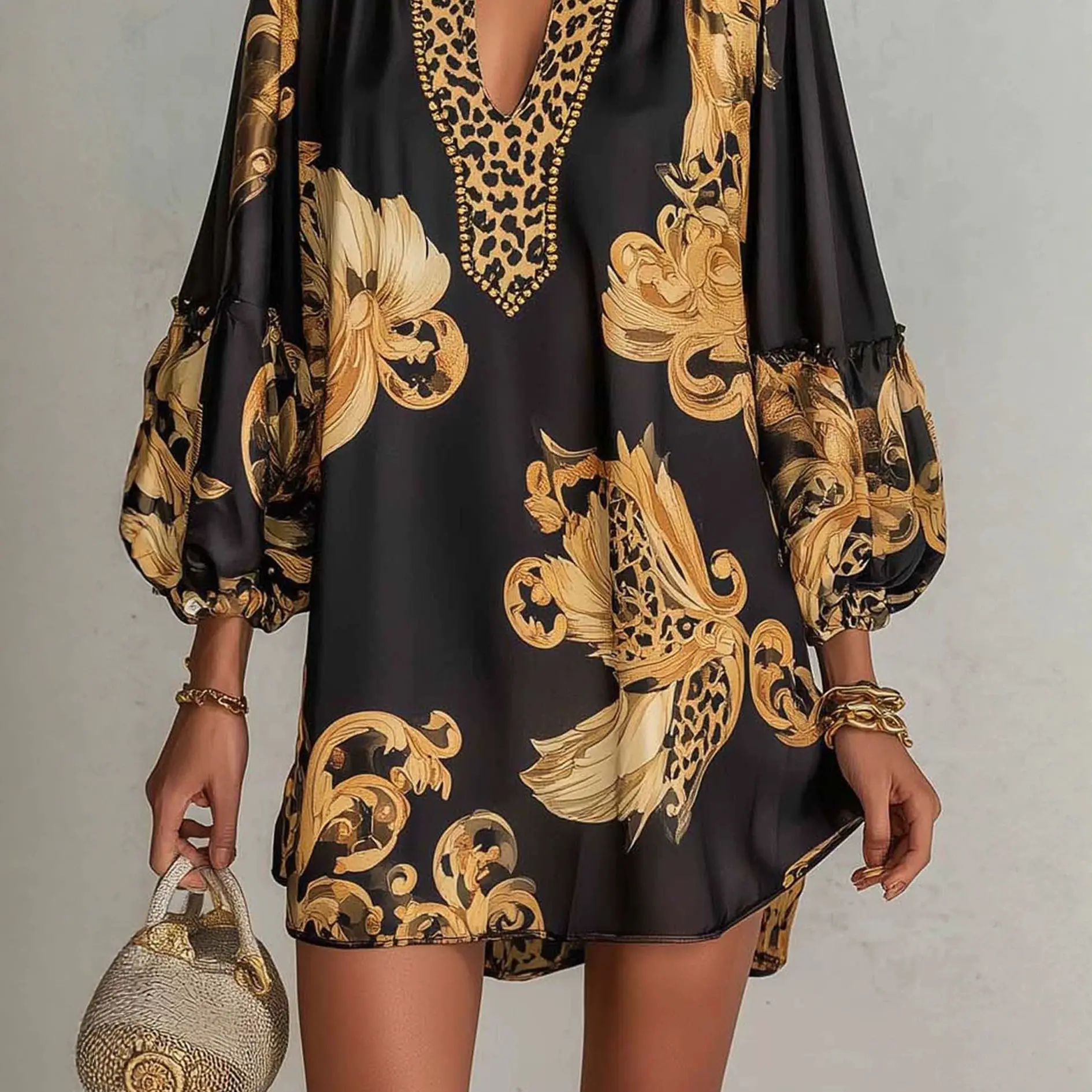 Schwarzes Gold Barockes Leoparden-Satin-Minikleid für Damen mit V-Ausschnitt, Laternenärmeln, lockerer Passform, elegantem Party-Stehkragen und kurzem Schnitt für den Frühling – Detail 4