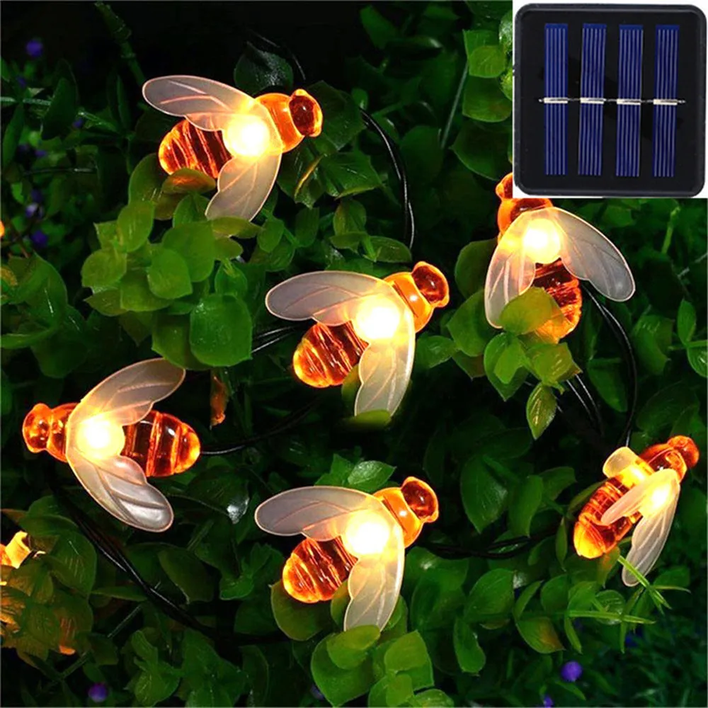 

New Solar Powered Cute Honey Bee Led String Fairy Light 5/7/12M Bee Outdoor Garden Fence Patio Christmas Garland Lights