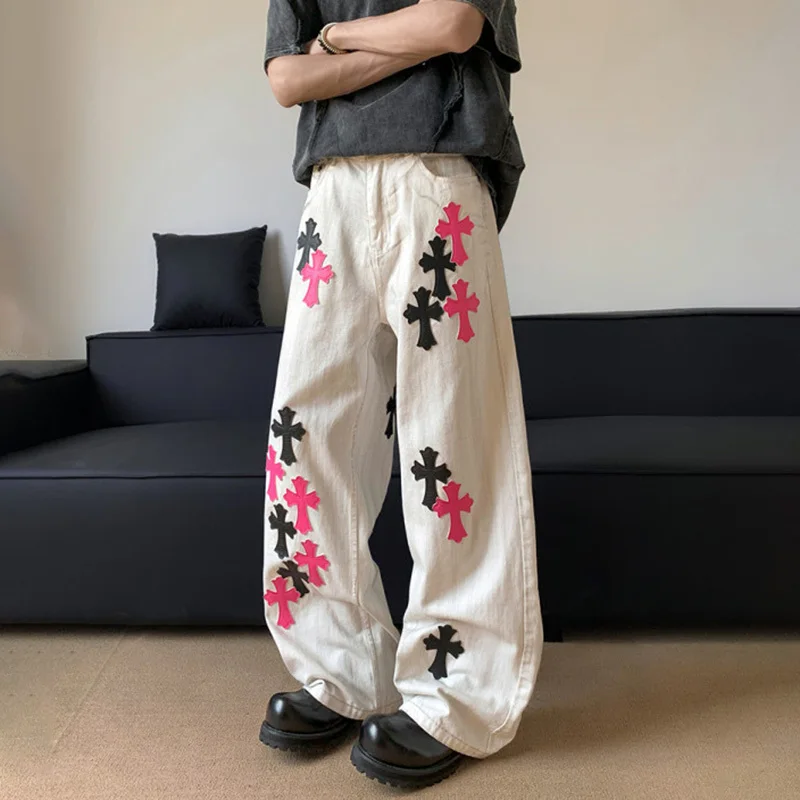 LUZHEN اللون التباين المرقعة فضفاض واسعة الساق جينز غير رسمي الرجال 2025 جديد أنيق الأصلي الشارع الشهير مستقيم الدينيم السراويل JY3187