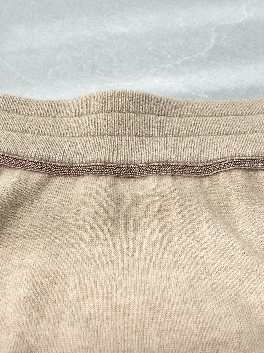 Women\'s Pure Cashmere Skirt, High Waist, Slim, Bead, Chain Splicing, Mid-Length, A-Line, Female, Autumn, New