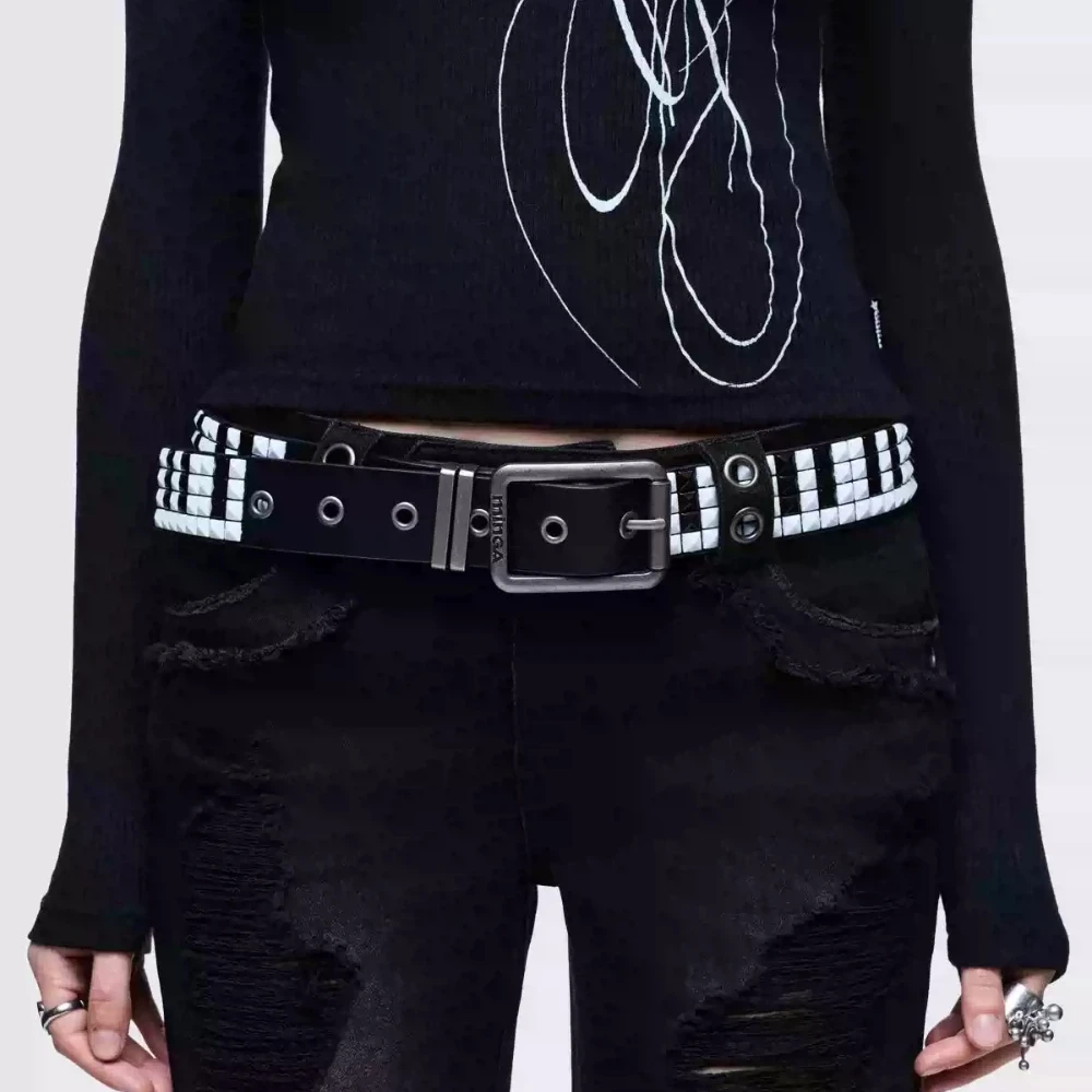 Black White Color Block Retro Girl Belt Punk Goth Cool Popular Unisex Jeans Belt Street Performance Party Accessories