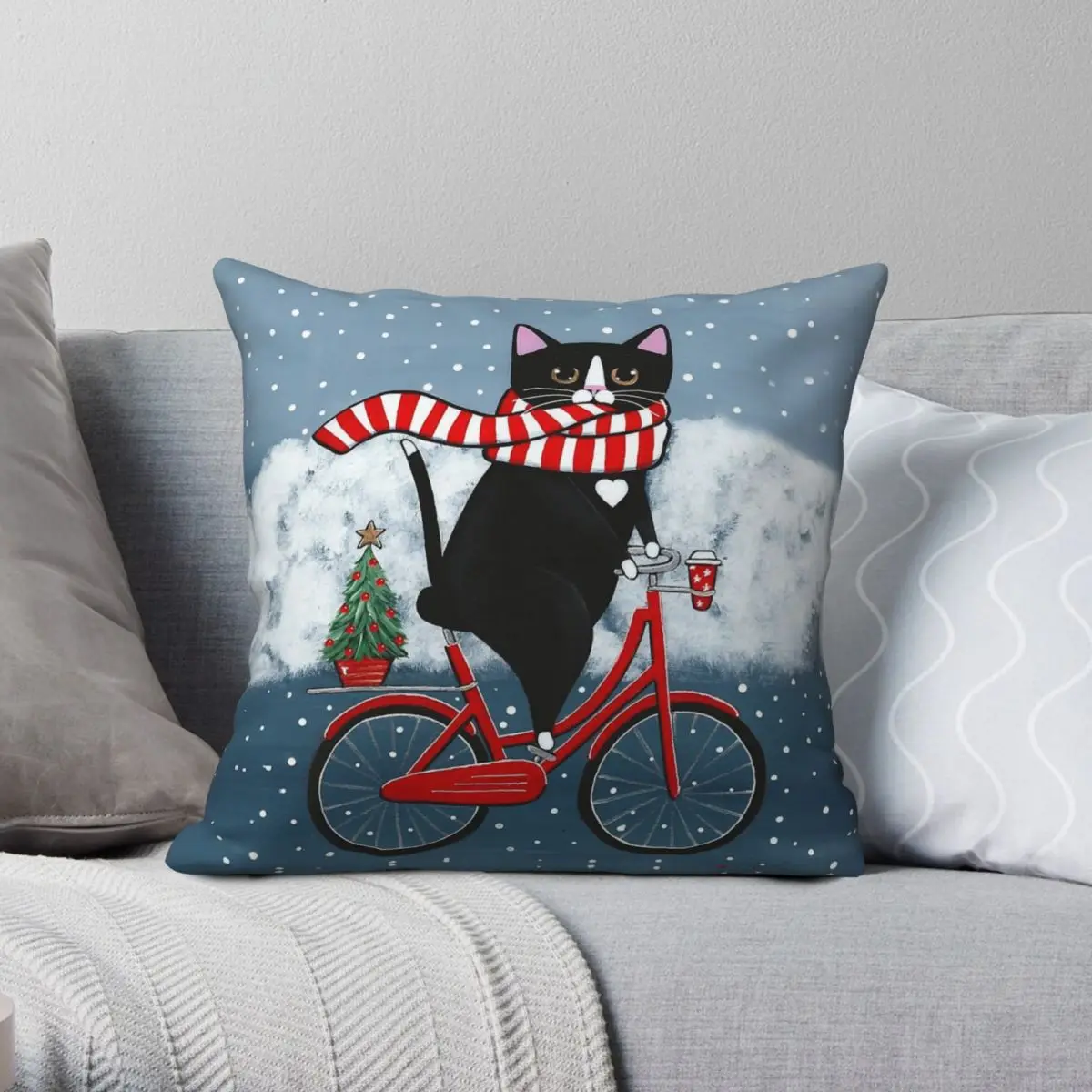 Tuxedo Cat Winter Bicycle Ride Square Pillowcase Polyester Linen Velvet Creative Zip Decorative Car Cushion Case