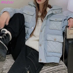 Leather Coats for Female Single-Breasted Hooded Stitching Sheepskin Rhombus Check White Goose Down Warm Winter Woman Down Jacket