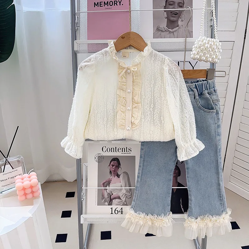 Blouses Girl Shirt Spring Autumn Pearl Underlay Lace Shirt Korean Children Clothing Tops Simple 2024 Button Simple Fashion