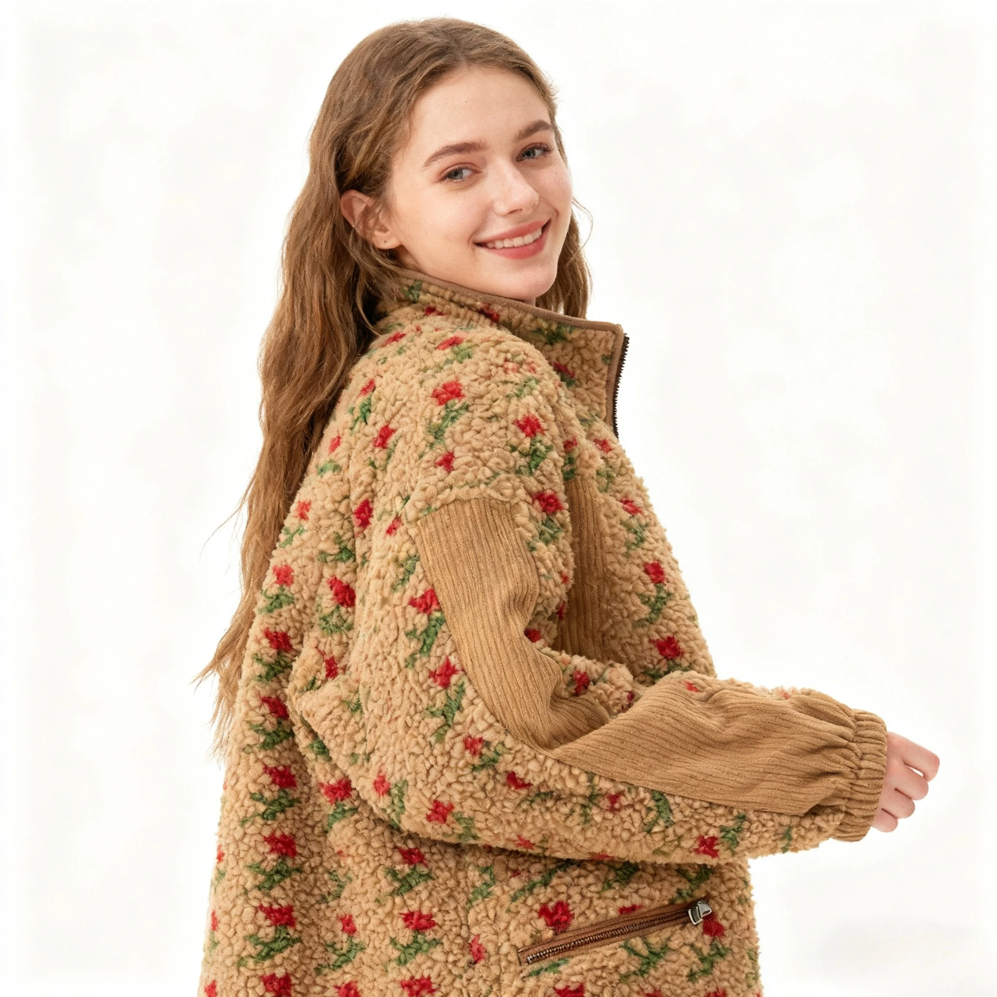 Yaminiya Mode Wolle Fleece Blume Warm Zipper Pullover Jacke Stehkragen Lose Jacke Verdickt Herbst/winter Frauen Kleidung