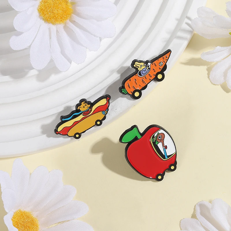 Cartoon Animated Movies Brooch Enamel Pins Lowly Worm Apple Car Hot Dog Car Rabbit Carrot Car Brooch Lapel Badge Jewelry Gifts
