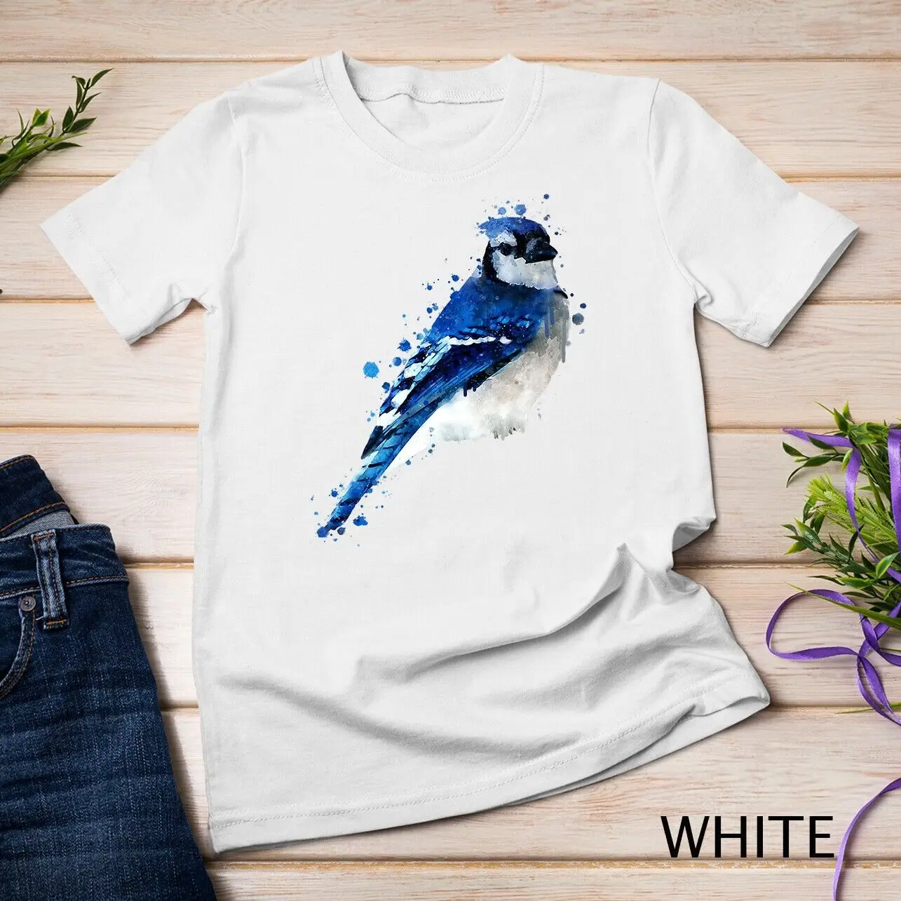 Aquarel Blauwe Gaai Vogel Artistieke Dieren Schilderij Premium Unisex T-Shirt