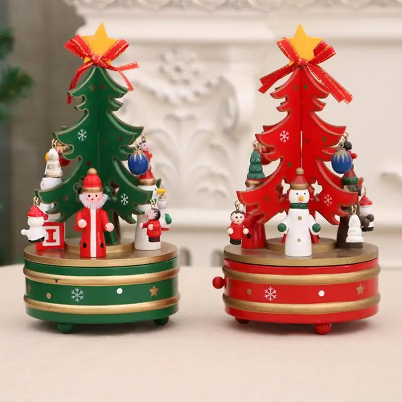 Christmas Music Box Wooden Christmas Tree Rotating Musical Box Carousel Christmas Decorations Home Navidad Gifts New Year 2024