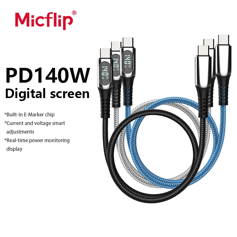 Micflip-Câble de données de type C avec affichage LED, charge rapide, transmission de données pour iPhone 140, PD 480 W, 5A, 1m, 2m, 16/15 Mbps