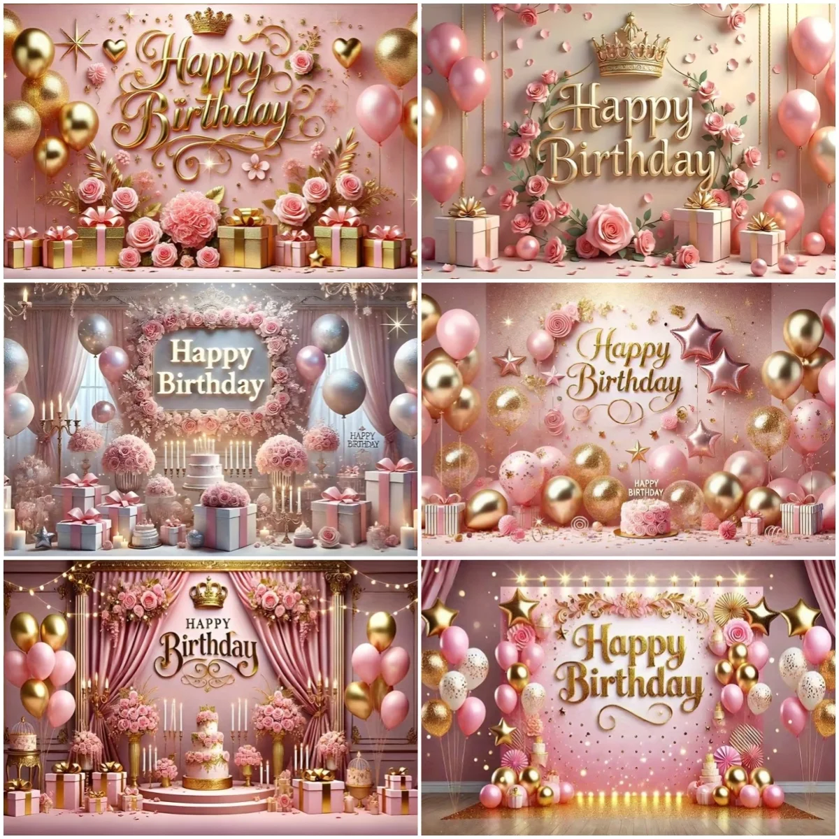 

Pink Rose Balloon Girl Birthday Party Decoration Backdrop Crown Flowers Banner Adult Party Photography Background Supplies Gifts