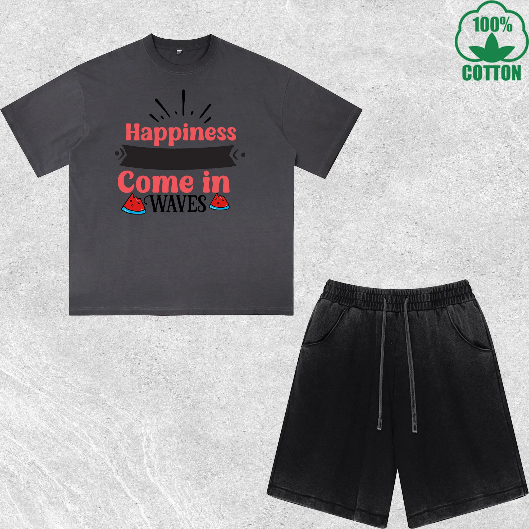 

Комплект из футболки и шорт с принтом «Hapiness Come in Waves», эффект потертости, разноцветный, свободный крой, модный, 100% хлопок