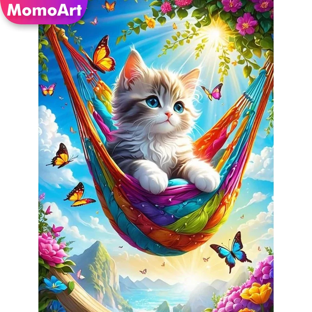 MomoArt DIY 다이아몬드 자수 고양이 그림, 다채로운 동물 만화, 풀 스퀘어 라운드 모자이크 나비 벽 아트, 신상