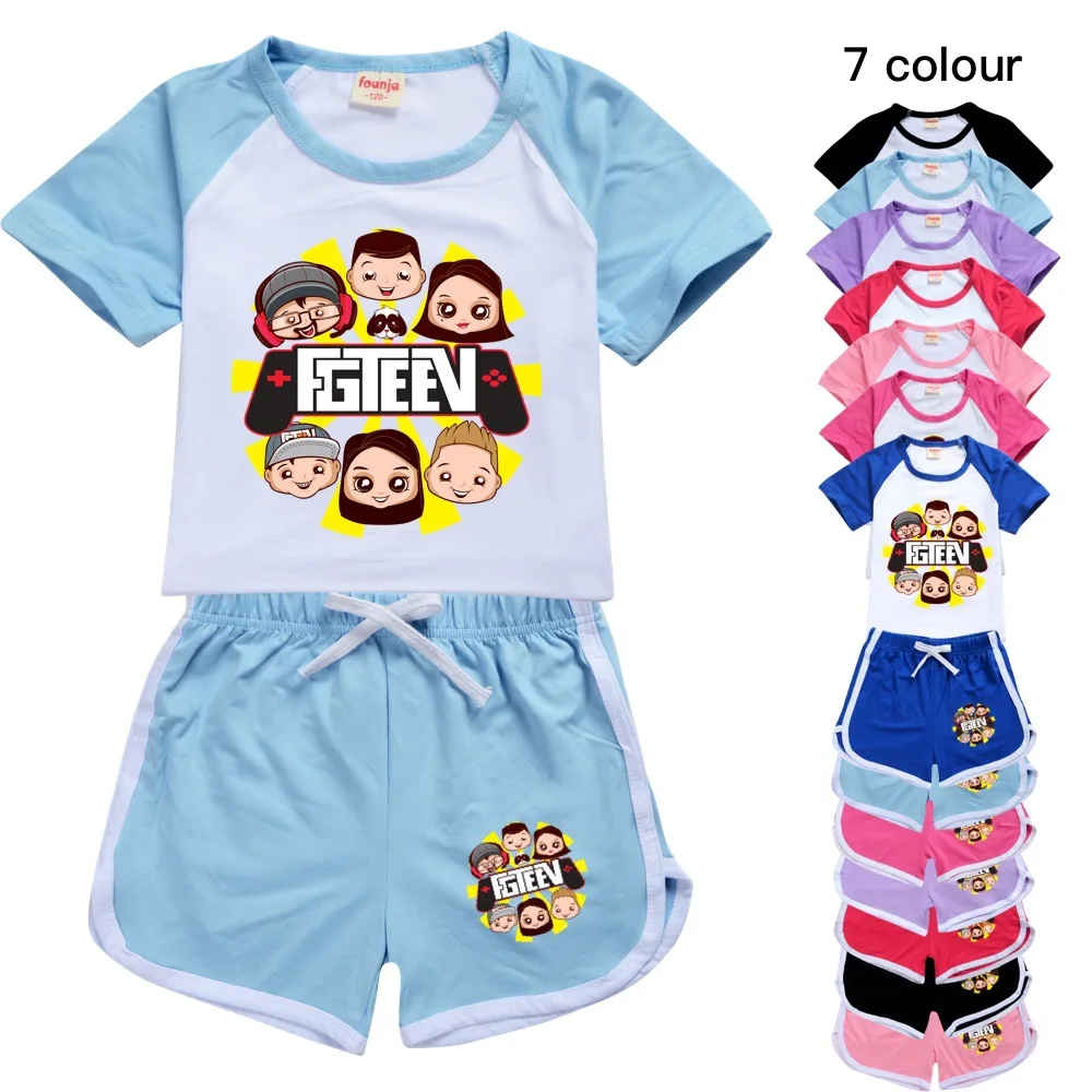 Summer Girls Boys Cartoon Clothing FGTEEV Kids Sports T-shirt +Pants 2-piece Set Baby Clothing Comfortable Outfits Pyjamas 2-16Y