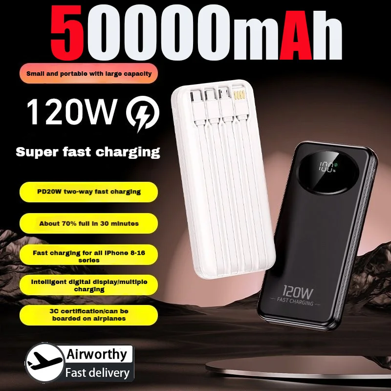 

120W 50000mAh Large Capacity Power Bank With 4 Cables Super Fast Charging Portable Battery Charger For iPhone Samsung Huawei
