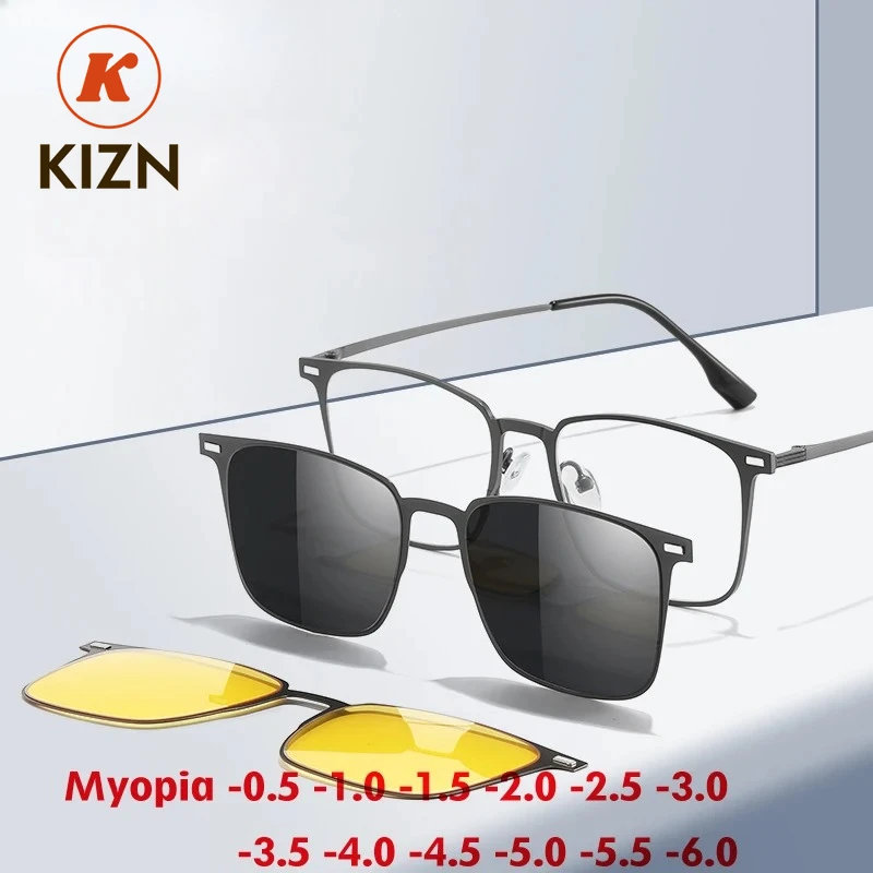 

KIZN 3-in-1 Classic Polarized Myopia Sunglasses for Men Square Magnetic Clip-On Prescription Frame Customizable -0.5 to -6.0 DPT