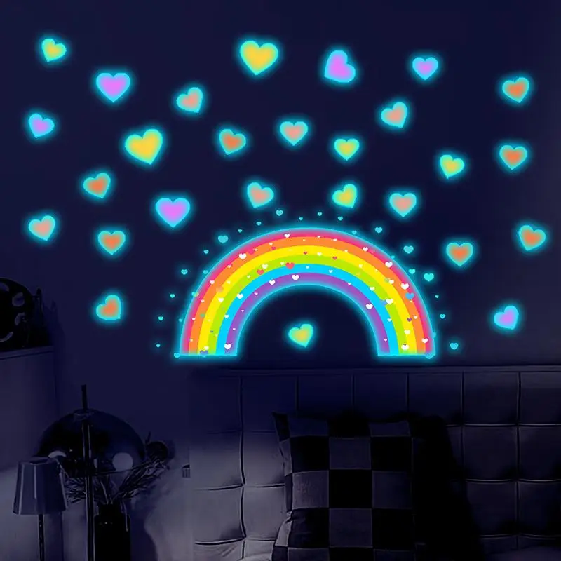 Hot Sale Glow-In-The-Dark Rainbow Heart Toilet Stickers Self-Adhesive Removable PVC Bedroom Bathroom Wall Decor Car Decals