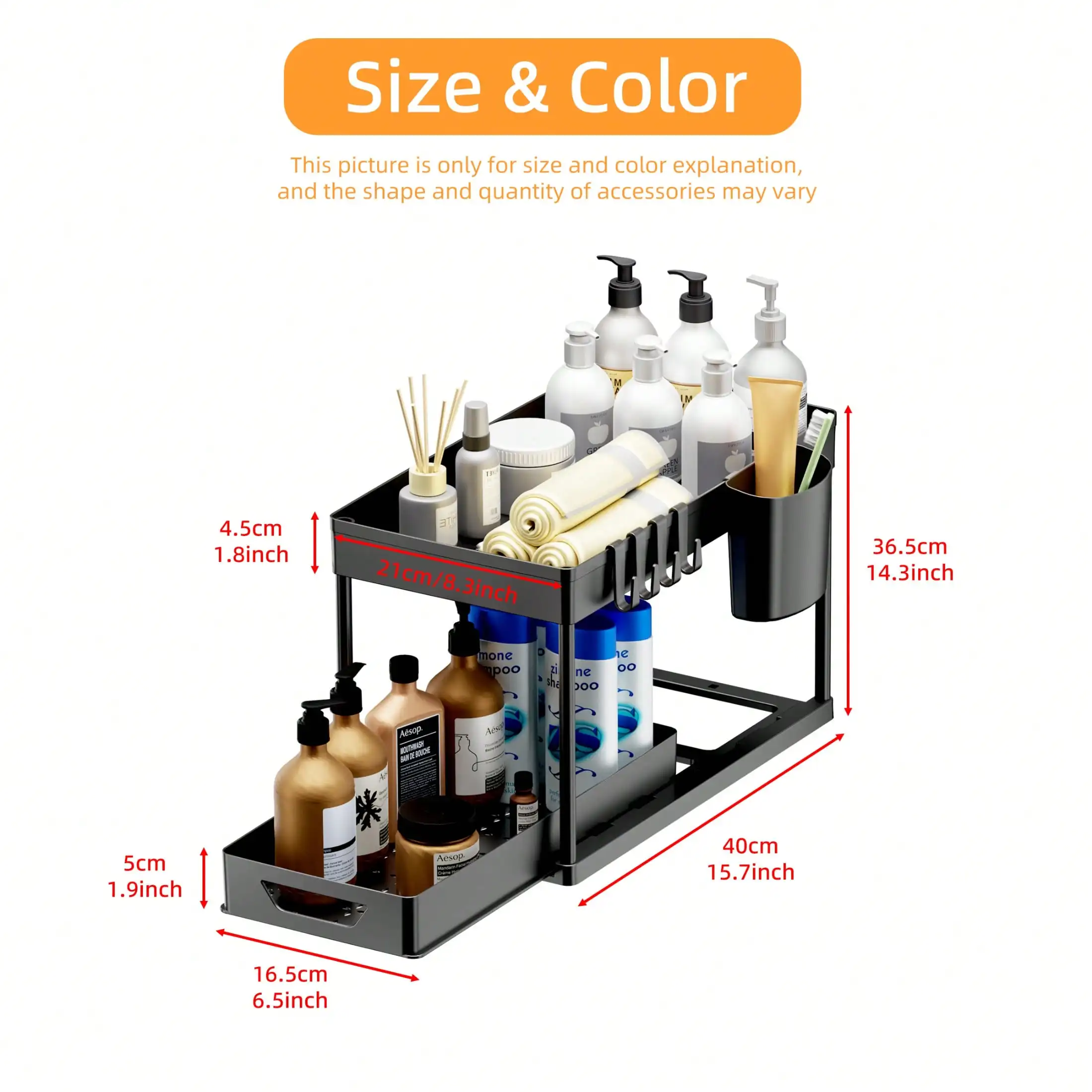 2-Tier Under Sink Organizer with Pull Out Drawers, Slide Out Cabinet Storage Shelf, Double Layer Bathroom Rack for Kitchen, Pantry, Black view 3