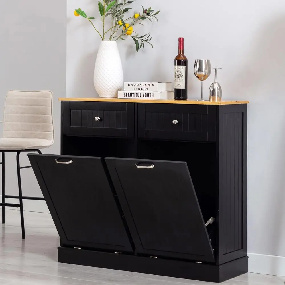 

Double Out Trash Cabinet 20 Gallon, reestanding Wooden Kitchen Trash Recycling Cabinet with Der & Removable Cutting Board, Dog P