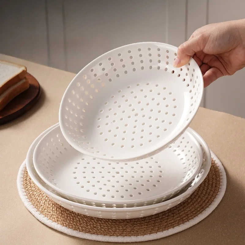 White Heat-resistant Ceramic Hollow Drainage Tray, Circular Ceramic Porous Steamer Creative Kitchen Utensils 2
