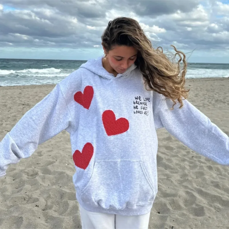 Y2K Loose Hooded Sweatshirt Grey Lopard Print Five-Pointed Stars Basic Simple Pullover Tops 2025 Autumn Winter Girls' Outfits