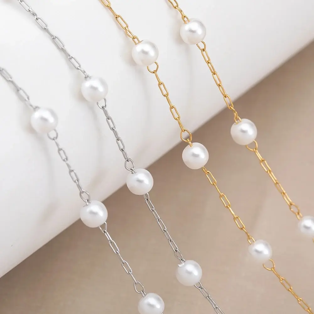 1M Stainless Steel Link Chain Imitation Pearl Ball Beads Chains Accessory DIY Beaded Necklace Bracelet Jewelry Making Findings