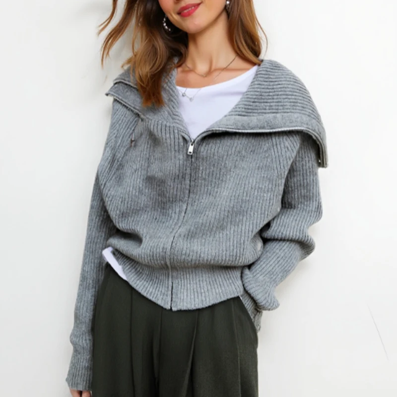 

Elegant Solid Color Loose Knitted Jacket Autumn Long Sleeve Women Sweater Zipper Cardigan Korean Style Knitwear for Women
