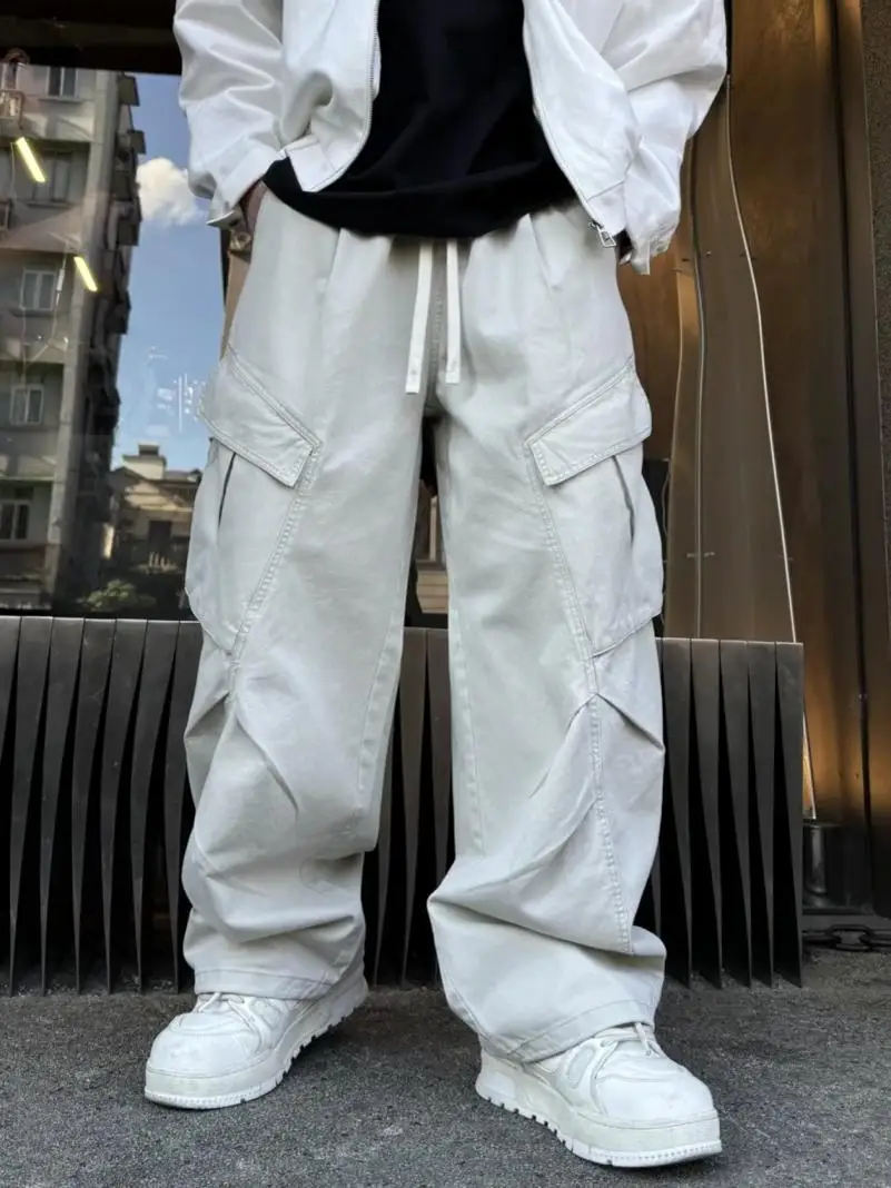 الرجعية الأمريكية ربيع الخريف الرجال السراويل مع كيتس كبيرة مطوي واسعة الساق فضفاضة مستقيم قطع السراويل الطويلة ملابس العمل #1