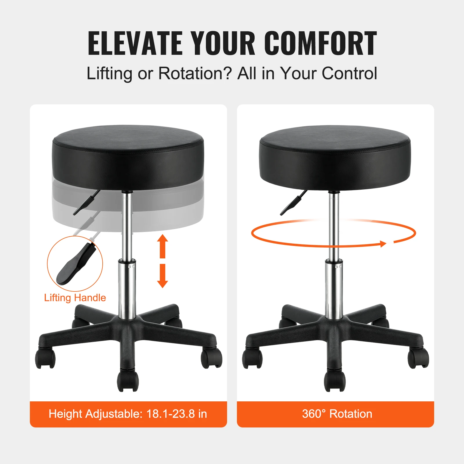 VEVOR Rolling Round Stool 40 cm Diameter with 5 Swivel Casters 360° Rotation Height Adjustable Round Stool for Bar Salon Office