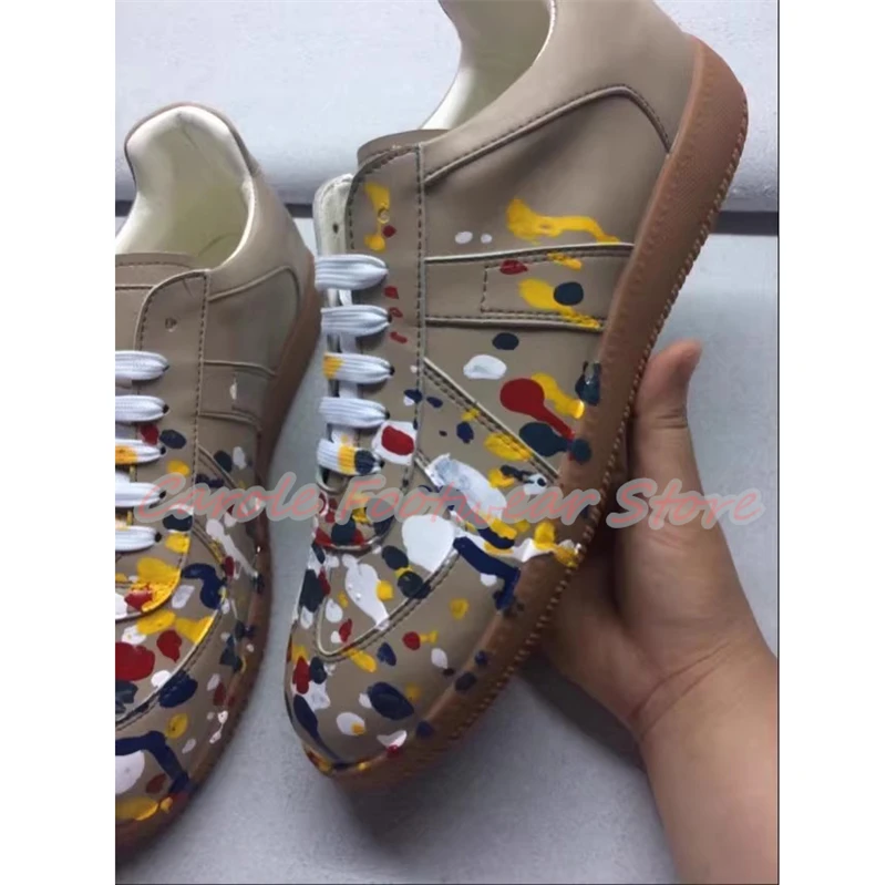 

Fashion Mixed Color Chunky Bottom Lace-Up Sport Shoes Male Graffiti Print Genuine Leather Sneakers for Men Shallow Casual Shoes