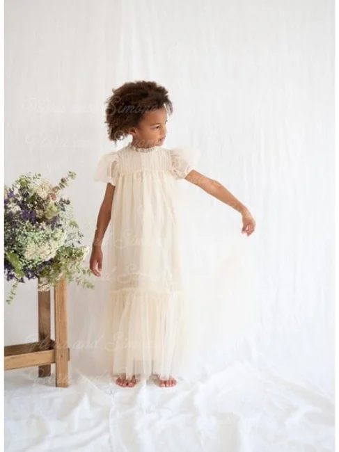 Customized Flower Girl Dress for Ivory Tulle Tiered Half Sleeve For Wedding Birthday Party Banquet Holy Communion Gowns Parties