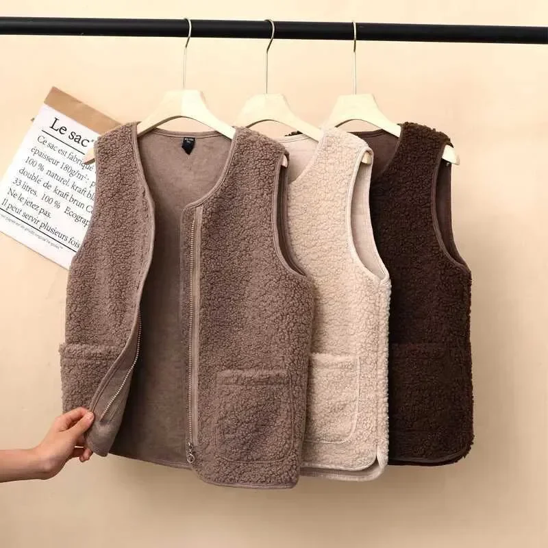 

Термофлисовый жилет для женщин, утолщенный жилет из овечьей шерсти, зимняя теплая куртка без рукавов, уличная домашняя куртка в корейском стиле