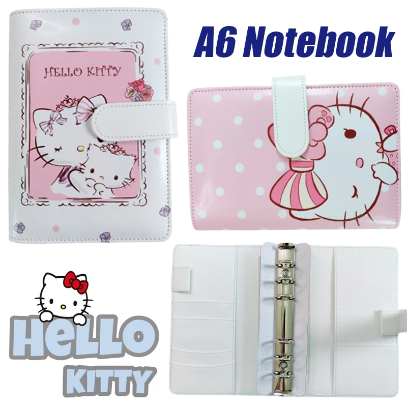 A6 Sanrio Hello Kitty Notebook Cartoon PU Leather 6 Holes Binder Notepad Planner Writing Paper Student School Office Stationery