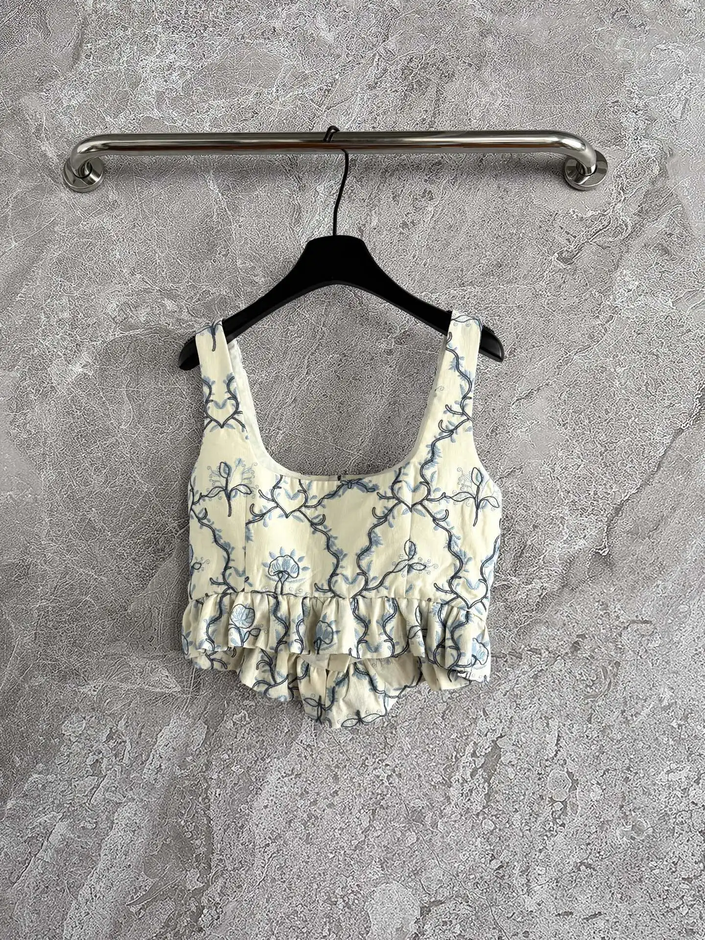 Women Blue Embroidery Suits Ruffles Spliced Square Collar Single Breasted Sleeveless Vest + High Waist A-Line Long Skirt Set