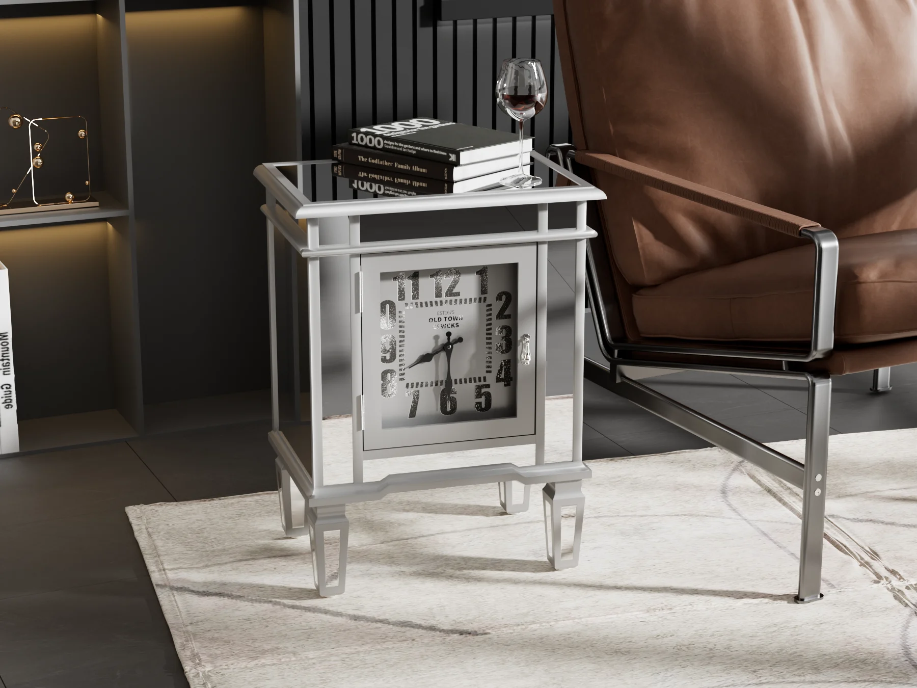 Mirrored Bedside Cabinet Mirrored Nightstand Accentuated by Arabic Clock & Storage Compartments, Ideal End Table Sofa Sides