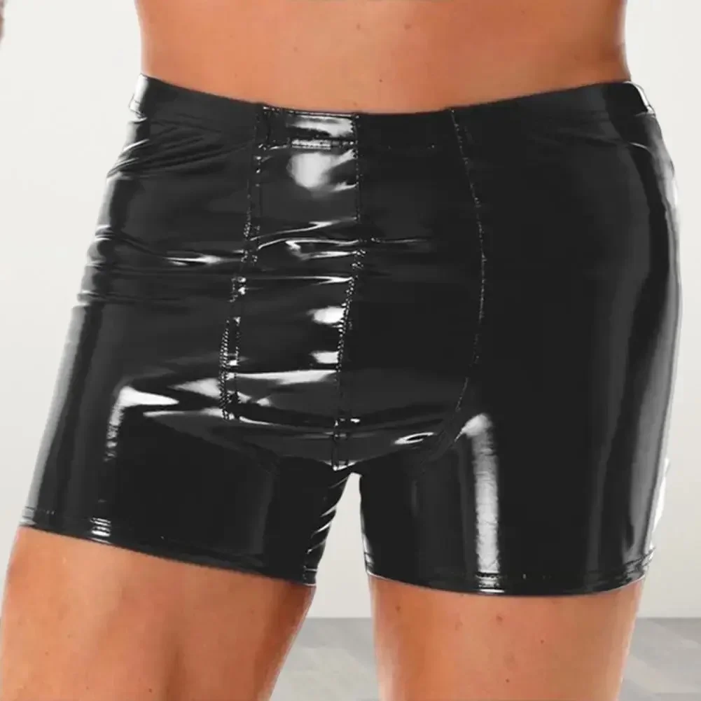 

Men Solid Color Leather Boxers Pants Bulge Pouch Faux Leather Shorts Underwear Male Nightclub Lingeries Clubwear Dance Hot Pants