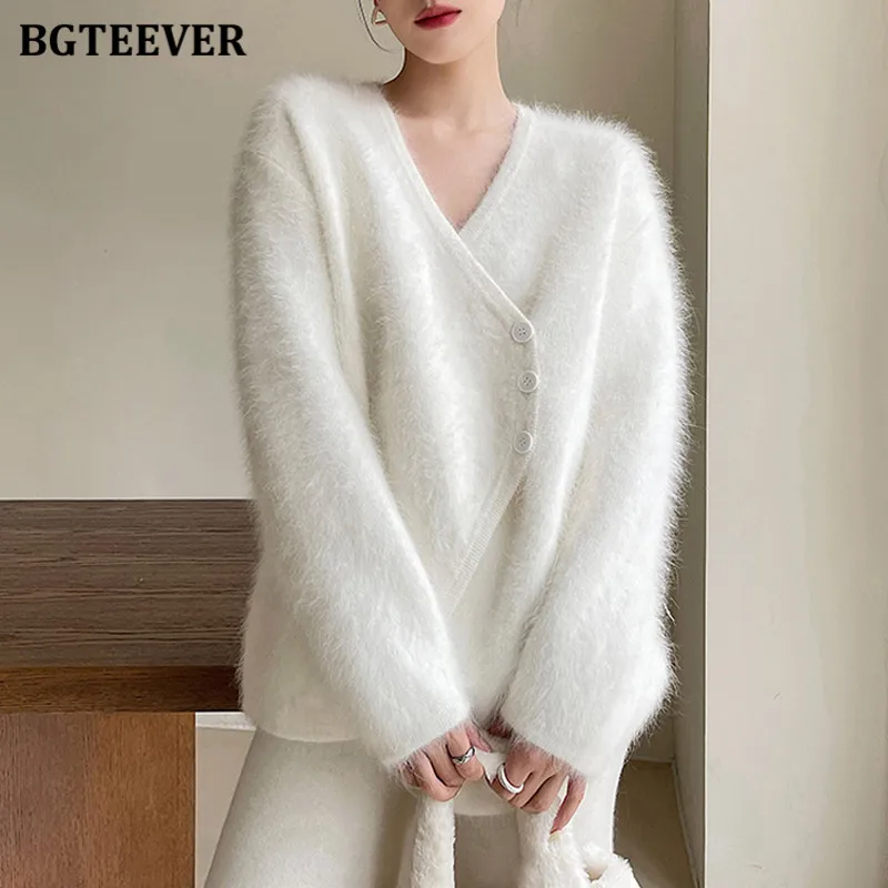 BGTEEVER Winter Warm Irregular Knitted Cardigans Women Elegant Long Sleeve Double Breasted Loose Female Sweaters Coat