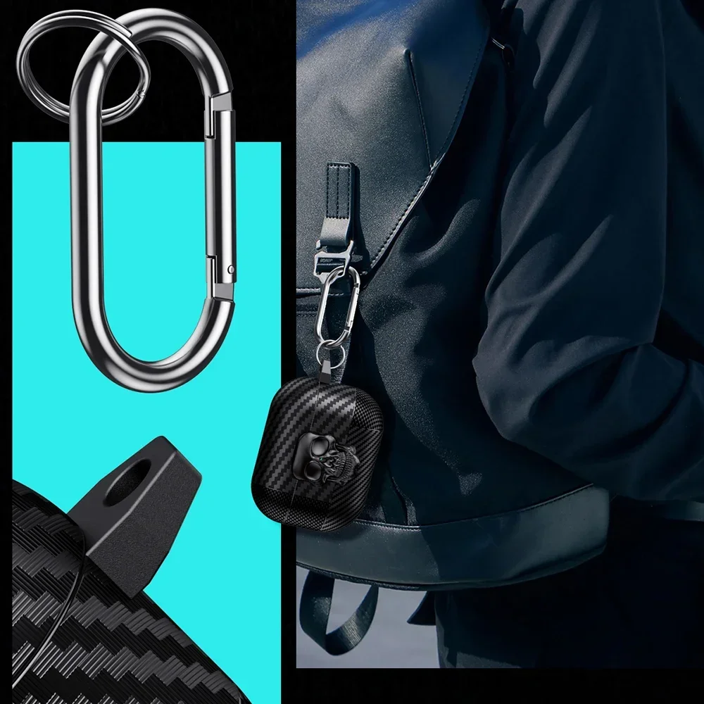 Unique Skull Rotating Lock Design Carbon Fiber Texture Earphone Case For Apple AirPods Pro 4 3 2 Headphone Cover With Carabiner view 6